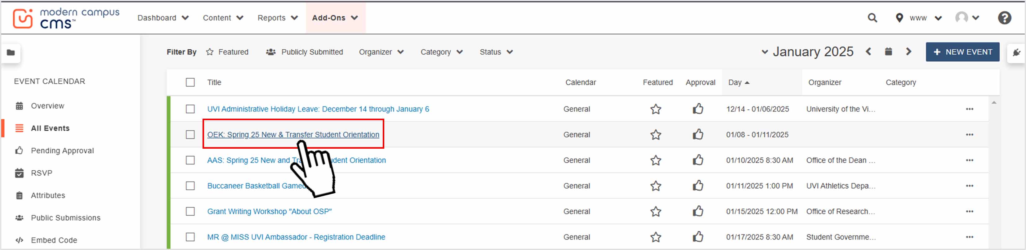 Selecting an event in CMS calendar
