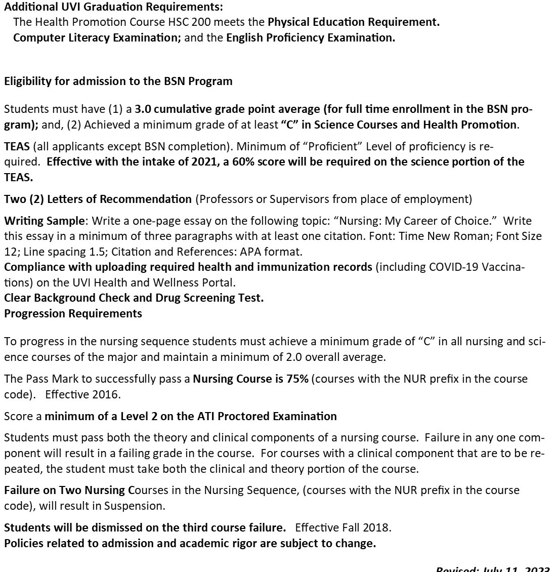 BSN full time course sequence 2023