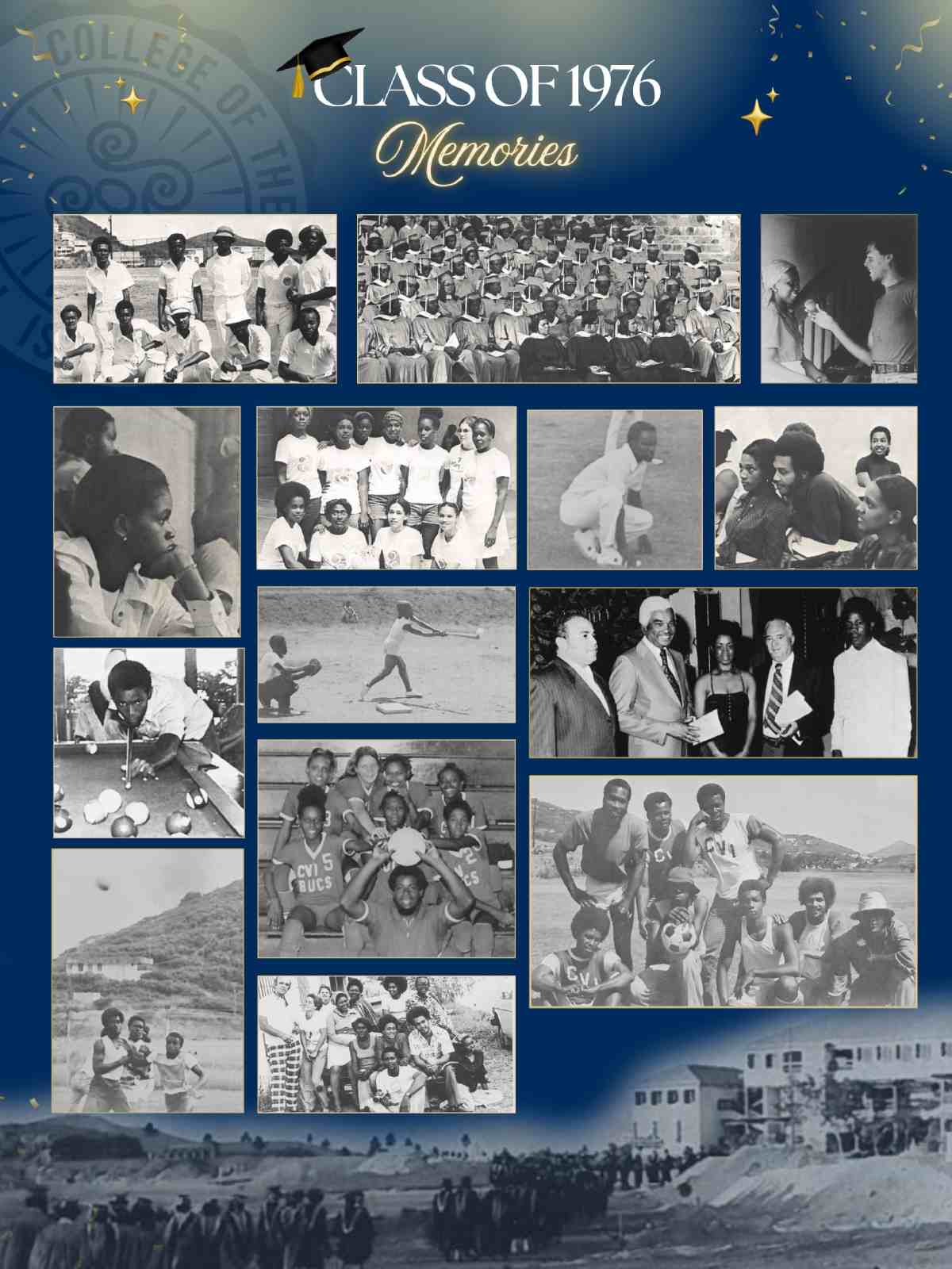 Class of 1976 Collage with graduates at graduation, sporting, and social events.