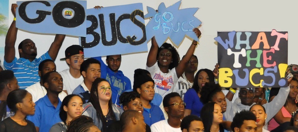 Students adorned the Sports and Fitness Center (SFC) with their UVI gear and painted faces to cheer the Buccaneers to victory.